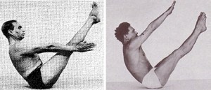 Iyengar demonstrating navasana (boat pose) on the left and Pilates demonstrating Teaser on the right